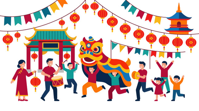 Chinese New Year Celebration: Lion Dance, Lanterns, and Festive Crowd