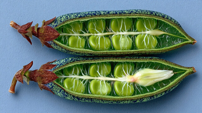 Split pea pods revealing green peas inside with pea pod food photography vegetable