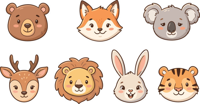 cute cartoon animal faces avatar set bear fox koala deer lion rabbit tiger icons ai generated isolated vector illustration
