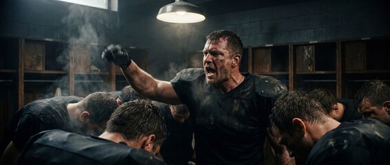 Obraz premium American football team huddle with captain shouting in smoky locker room. Concept of leadership, motivation, team pressure, halftime speech and winning mindset. Banner