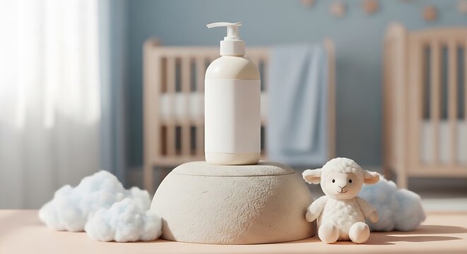 Baby lotion bottle with pump and cute toy lamb on a soft round stand in a cozy nursery room for skin care