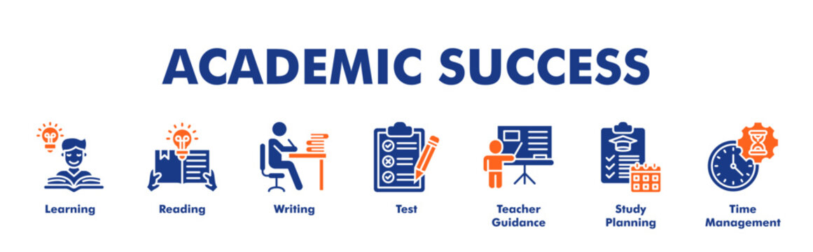 ACADEMIC SUCCESS web banner icon vector illustration concept with icon of Learning, Reading, Writing, Test, Teacher Guidance, Study Planning, Time Management 