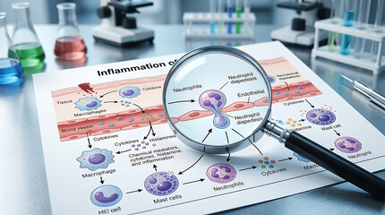 Fototapeta premium Magnifying glass examines complex inflammation diagram in laboratory setting, highlighting cellular processes and medical research.