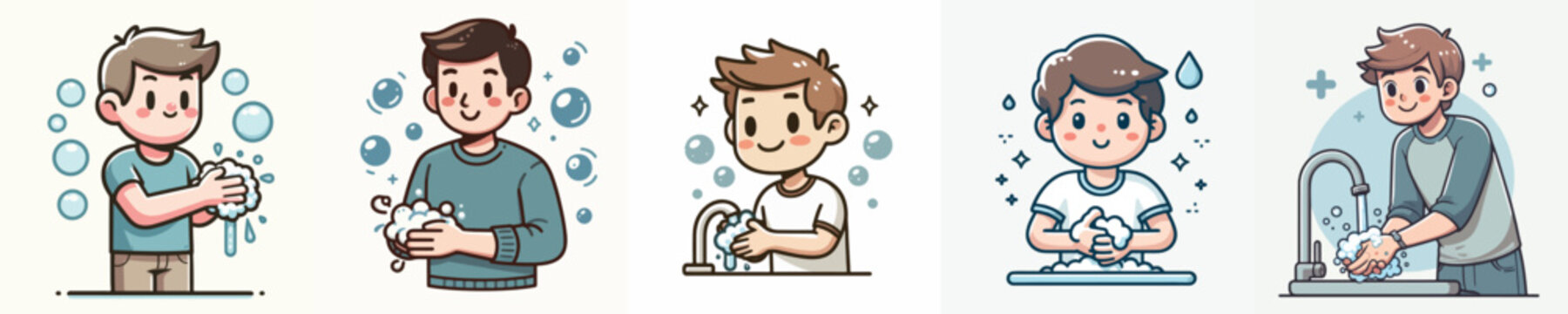 An illustration of cute boys wahing their hands at the sink