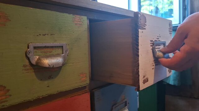 Opening a Rustic Wooden Drawer in Vintage Storage 