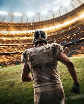 American football player running onto stadium field from behind with motion blur. Concept of game entrance, match pressure, athlete ambition, sports comeback and big event energy.
