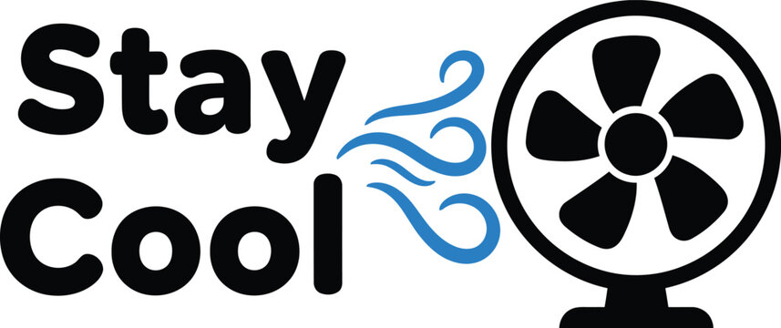 Stay cool typography with electric fan icon and wind symbol
