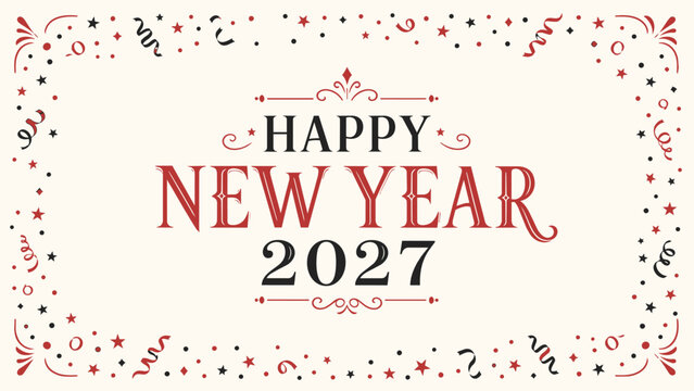 Happy New Year 2027 Confetti Border Vector Banner, Elegant 2027 New Year Minimal Greeting Card Design, Simple Happy New Year 2027 Celebration Typography Banner
