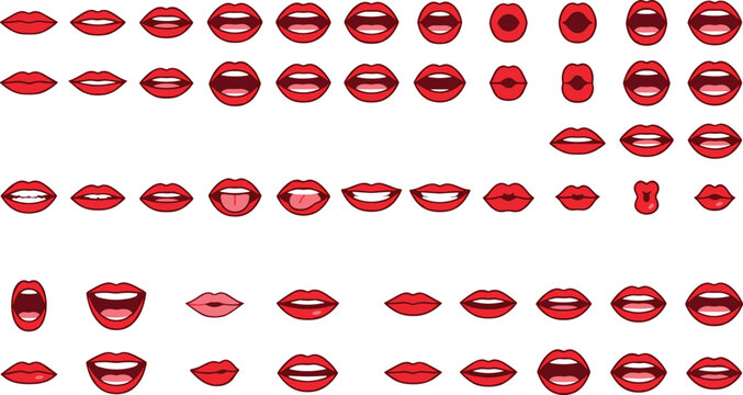 cartoon woman lips and mouth expressions set for character animation lip sync kit phonemes vector illustration ai generated isolated