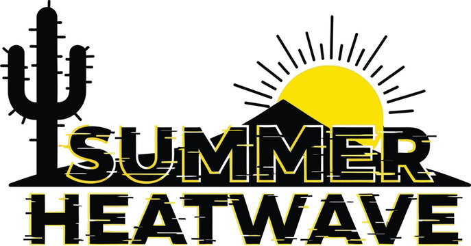 Summer heatwave text design with sun and cactus icon