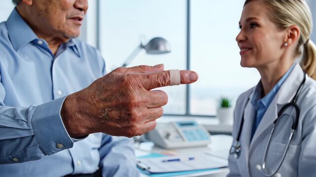 Female Doctor Examines Bandaged Finger of Senior Patient in Clinic