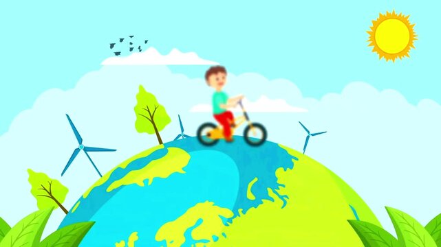 Green planet concept animation showing a young boy riding a bicycle near wind turbines and solar panels.