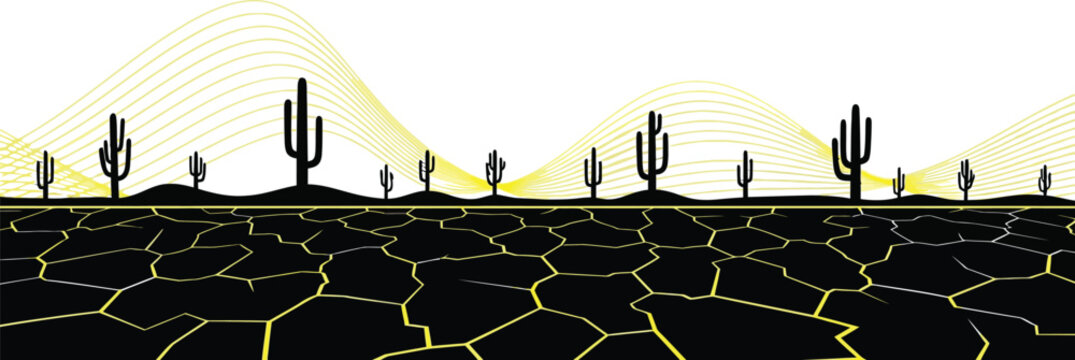 Cactus plants in a dry cracked desert landscape illustration