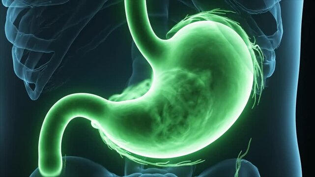A glowing green stomach is prominently displayed within a transparent human body.