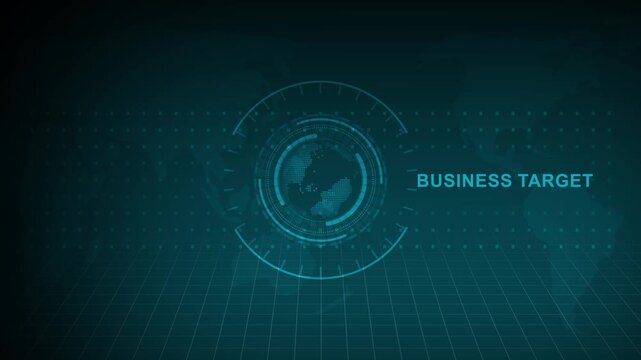 Business target interface motion graphic showing digital globe spinning within futuristic circles over grid floor and world map background.