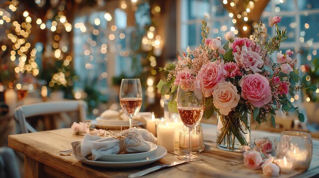Elegant dining setup with flowers and candles.