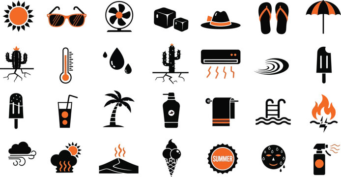 Summer vacation and hot weather icon set