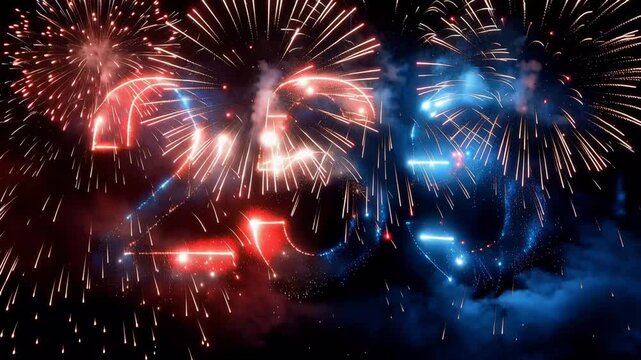 Patriotic 250 years anniversary celebration with fireworks and American colors, United States semiquincentennial 2026, red white blue glowing typography, Independence Day event