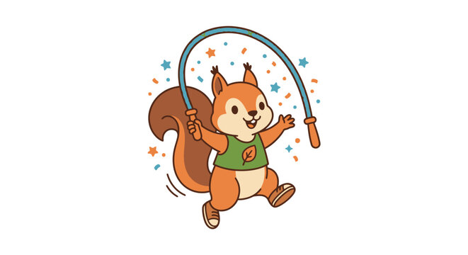 Cartoon squirrel jumping with rope.