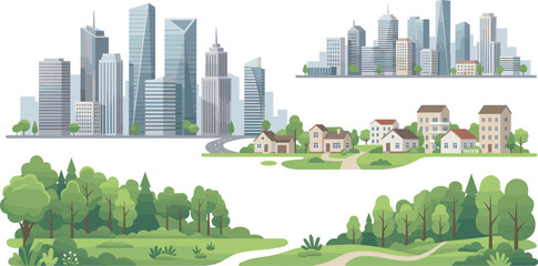 Obraz premium modern city skyline suburban neighborhood town houses and green forest trees landscapes vector set ai generated isolated