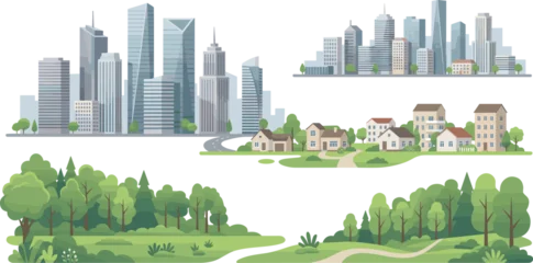 Fotobehang Olijf modern city skyline suburban neighborhood town houses and green forest trees landscapes vector set ai generated isolated  © Sujon Shah
