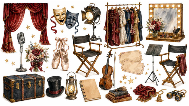 Theater Watercolor Clipart Collection with Stage Curtains, Drama Masks, Costumes, Spotlight, Director's Chair, Violin, and Backstage Elements