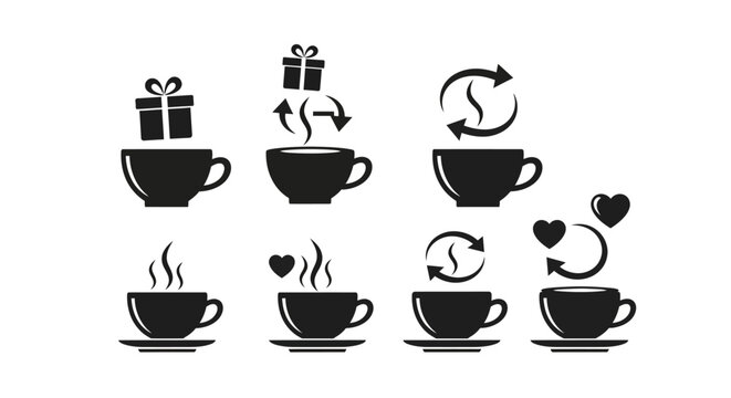 Gift and reward icons on coffee cups with hearts and recycling arrows for customer loyalty programs shopping benefits and charitable giving concepts for business