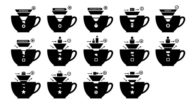 Funnel marketing concept icons inside coffee cup shapes black flat vector set illustrating customer journey sales stages and business process management steps