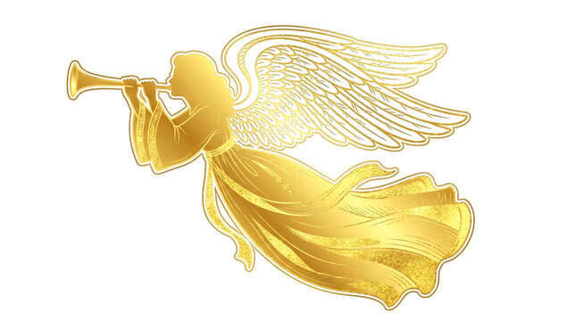 Golden angel blowing a trumpet isolated on transparent background in a beautiful illustration