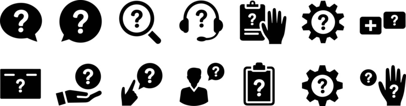 Question Mark Icons Set: A collection of bold black icons representing questions, search, help, and support, perfect for illustrating inquiries, problem-solving, or information seeking.