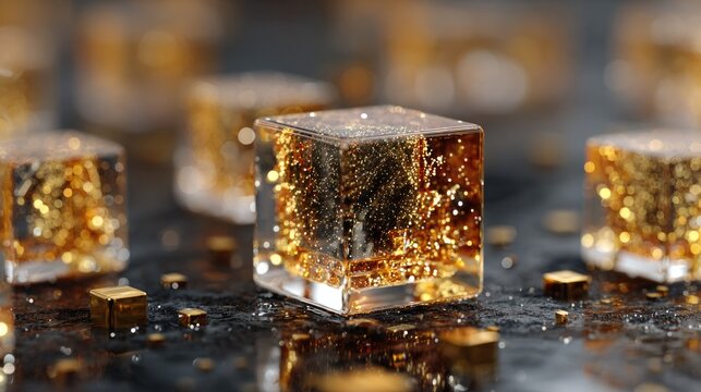 Abstract 3d render of glowing gold data cubes, blockchain and digital assets, tech background, professional graphic resource, 8k quality render res.