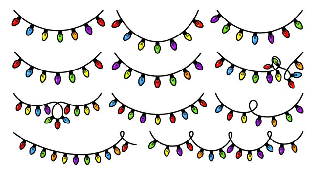 Colorful christmas light string sets in various shapes and sizes isolated on transparent background
