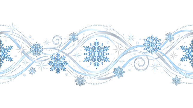 Winter decorative border with blue snowflakes and swirling ribbons on transparent background
