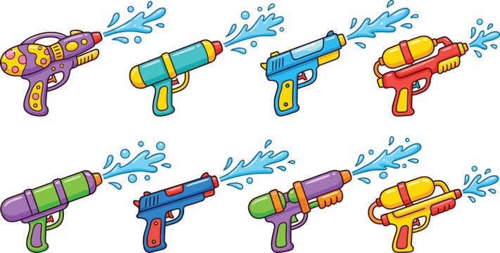 Colorful Water Gun Icon Set Featuring Toy Blasters, Water Pistols, and Soakers Squirting Liquid Splashes for Summer Beach Pool Party Graphic Designs