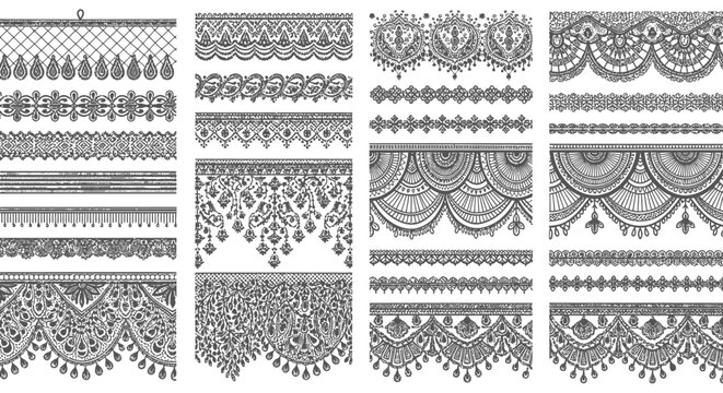 Collection of various ornate lace borders and decorative elements