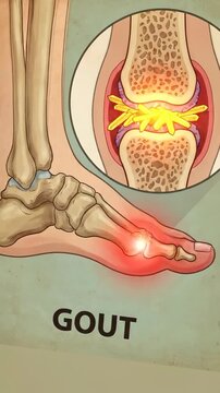 Gouty pathology evolution: metatarsal inflammation, urate crystal, painful attack, bone erosion, foot affliction, swollen joint, chronic disease, severe pain.