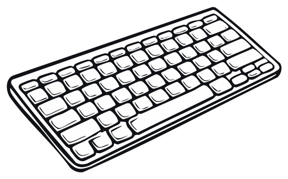 Keyboard outline in black and white, minimalistic electronic device vector illustration on white background, isolated drawing