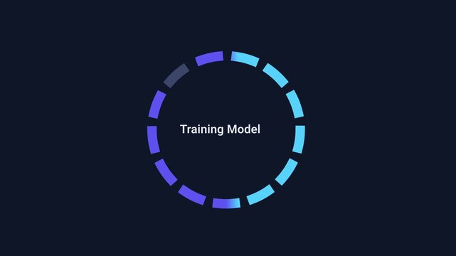 Animated digital interface displaying an AI model training status ring with segmented progress indicator on a dark background, representing machine learning, artificial intelligence development, and a