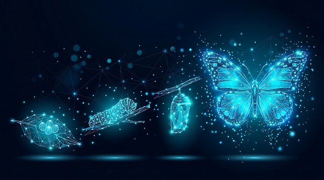 Digital butterfly life cycle stages in blue low poly