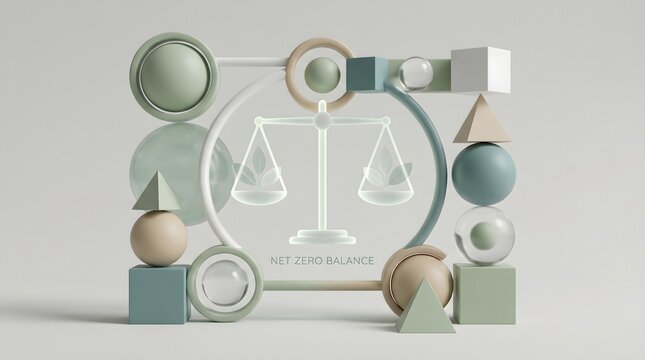 Abstract geometric composition with glowing balance scale and leaf icon representing net zero balance on minimal background 3d render