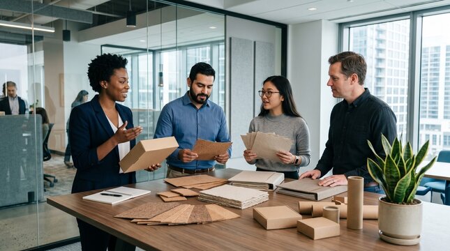 Corporate ESG Workshop Reviewing Recycled Materials And Packaging Samples