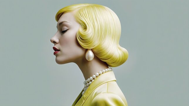 Portrait &eacute;l&eacute;gant d'une femme aux cheveux blonds ondul&eacute;s style r&eacute;tro