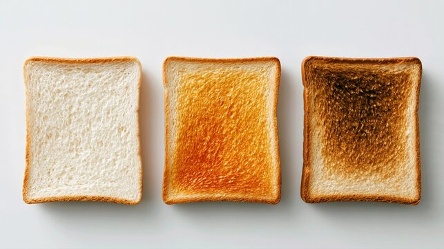 Trois tranches de pain de mie grill&eacute;es &agrave; diff&eacute;rents niveaux de cuisson