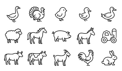 Farm Animal Outline Icons Collection with Livestock and Poultry © Songkari