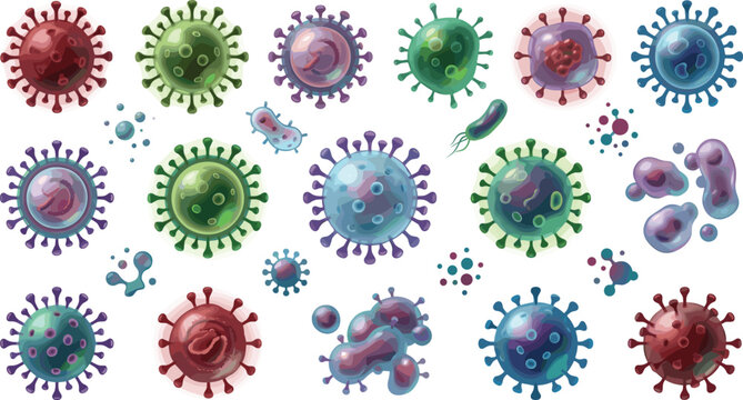 colorful virus cells and bacteria microorganisms set medical health infection disease elements ai generated isolated vector illustration