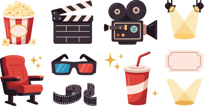 cartoon cinema movie elements set popcorn clapperboard camera chair glasses drink tickets ai generated isolated vector illustration