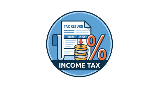 Income tax return concept label with tax form and stacked coins