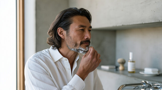 Young professional male applying minimalist grooming routine products at bathroom sink with precisely arranged shaving brush pre-shave oil and single moisturizer on concrete shelf