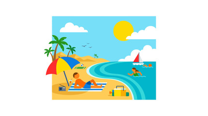 Obraz premium Sunny Beach Vacation Scene with People Relaxing and Swimming