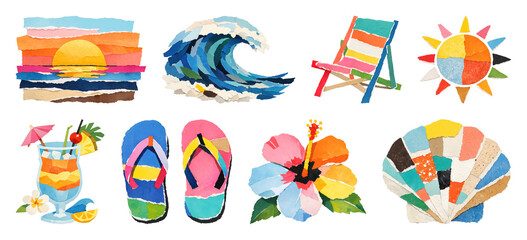 Obraz premium PNG Colorful beach-themed vector illustrations on transparent background